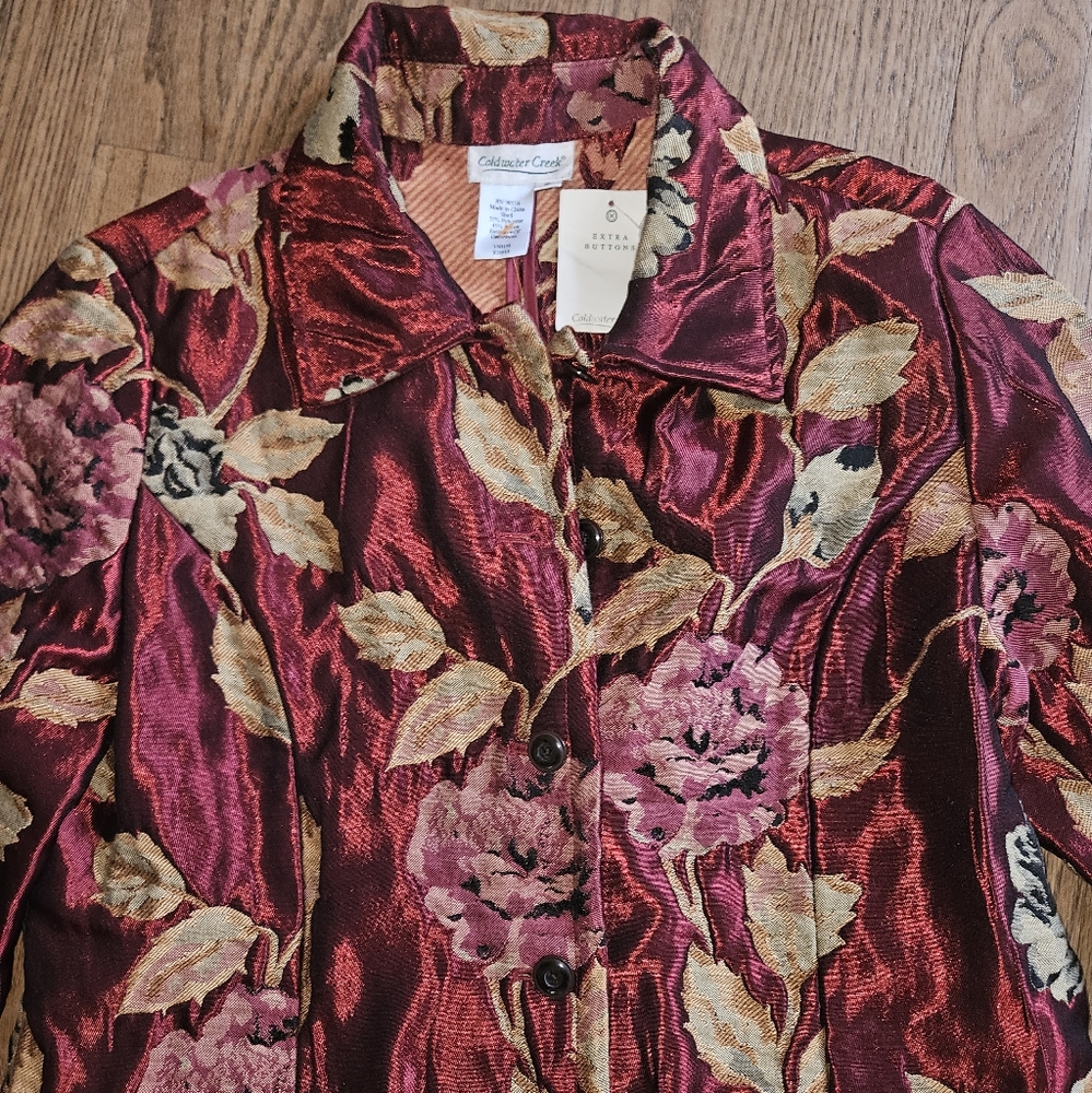 Vintage Coldwater Creek burgundy floral velvet button-up jacket - Picture 2 of 5
